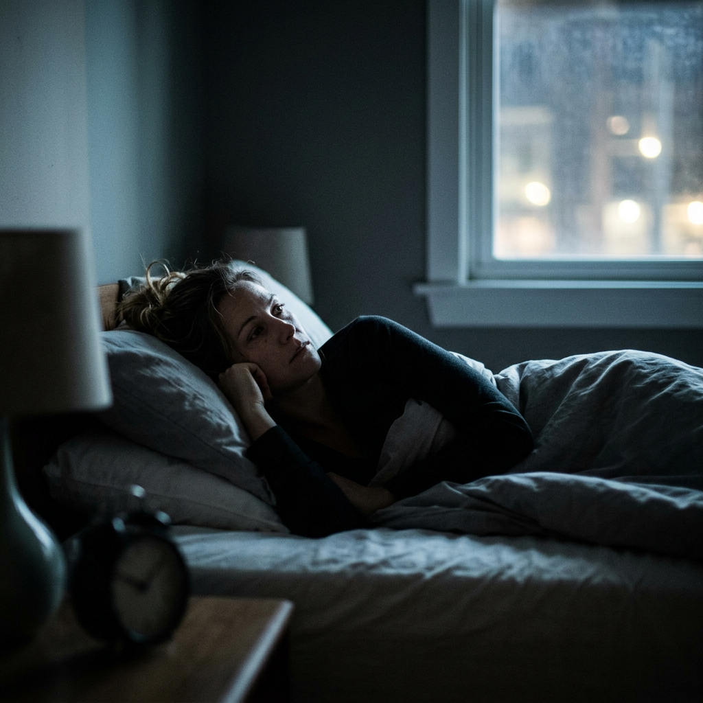 Woman lying awake in bed and looking toward a window at night